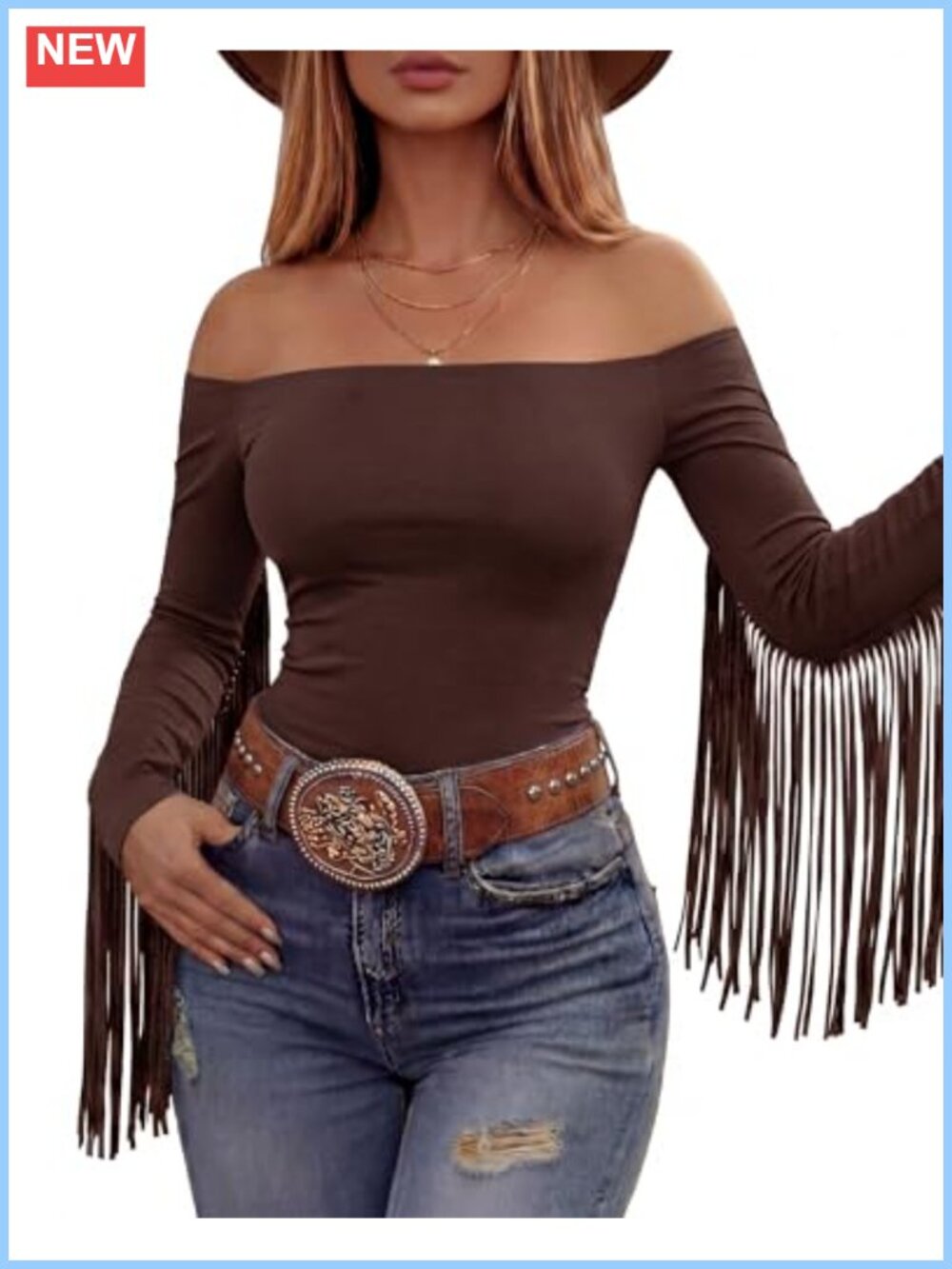 Fringe Top Western Off Shoulder Fitted Long Sleeve Tassels Cowgirl Shirt
